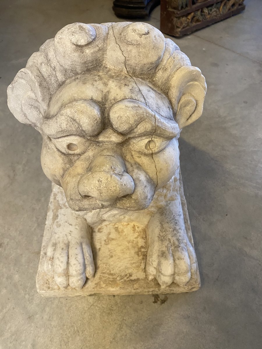 SCULTURA IN MARMO BIANCO RAPPRESENTANTE LEONE-photo-4