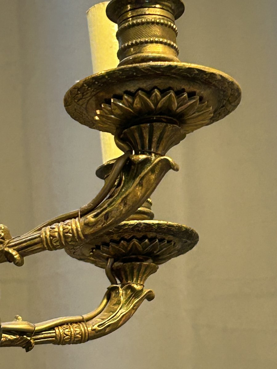 LAMPADARIO IN BRONZO DORATO E COPPA SMALTATA STILE IMPERO-photo-3