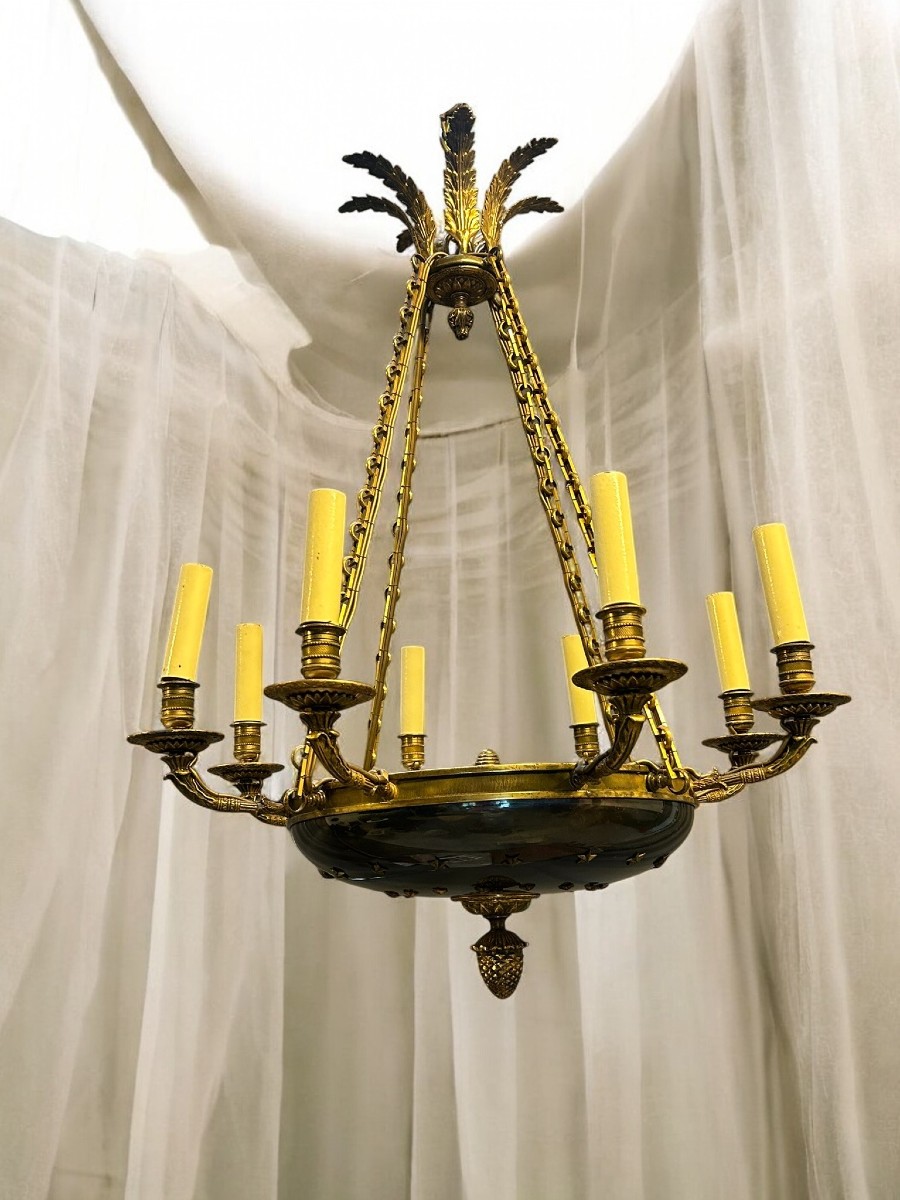 LAMPADARIO IN BRONZO DORATO E COPPA SMALTATA STILE IMPERO