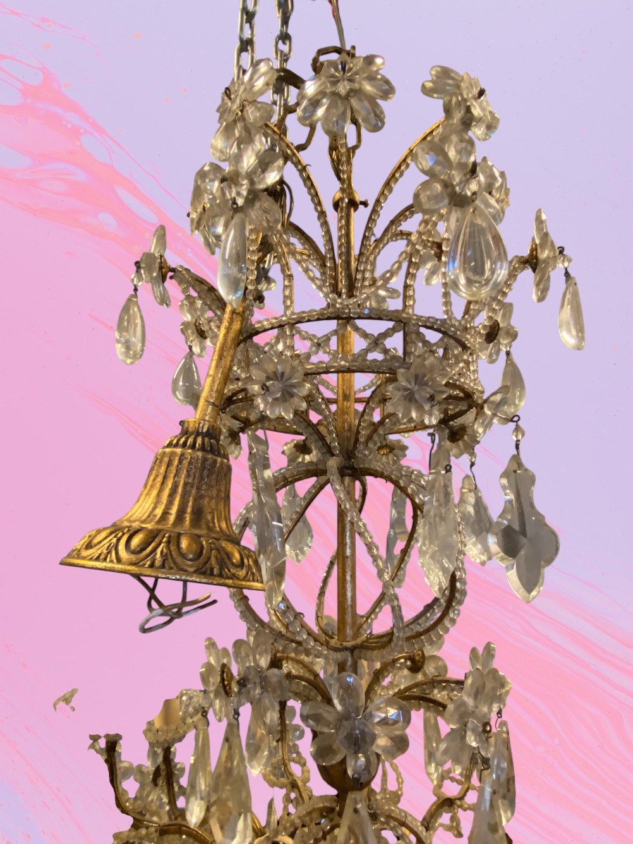 LAMPADARIO IN FERRO DORATO E CRISTALLO-photo-2