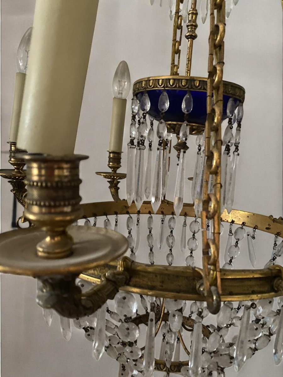 LAMPADARIO IN BRONZO DORATO CON COPPA IN CRISTALLO BLU DA MODELLO BALTICO-photo-2