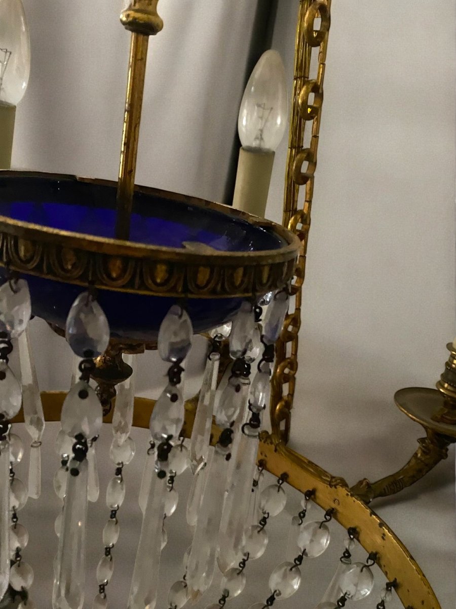 LAMPADARIO IN BRONZO DORATO CON COPPA IN CRISTALLO BLU DA MODELLO BALTICO-photo-4