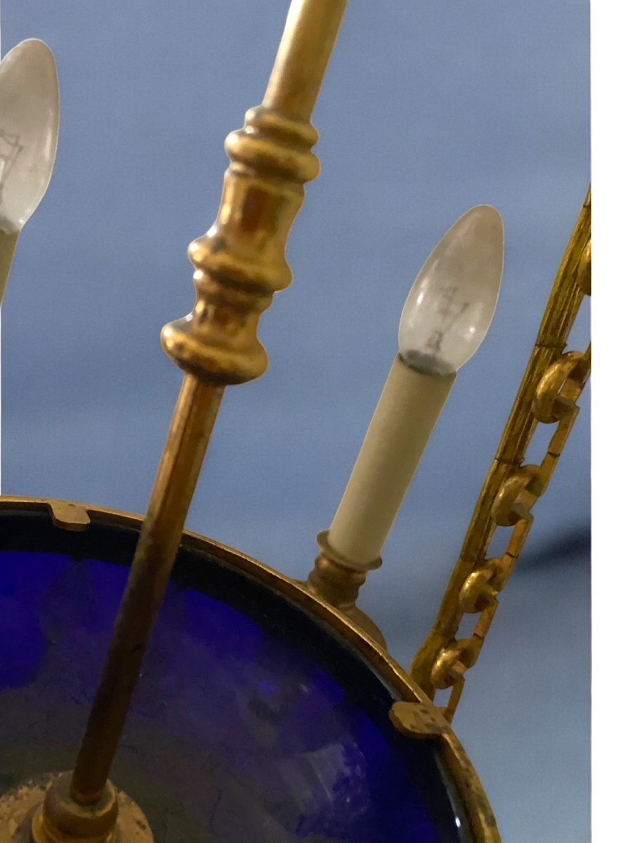 LAMPADARIO IN BRONZO DORATO CON COPPA IN CRISTALLO BLU DA MODELLO BALTICO-photo-5