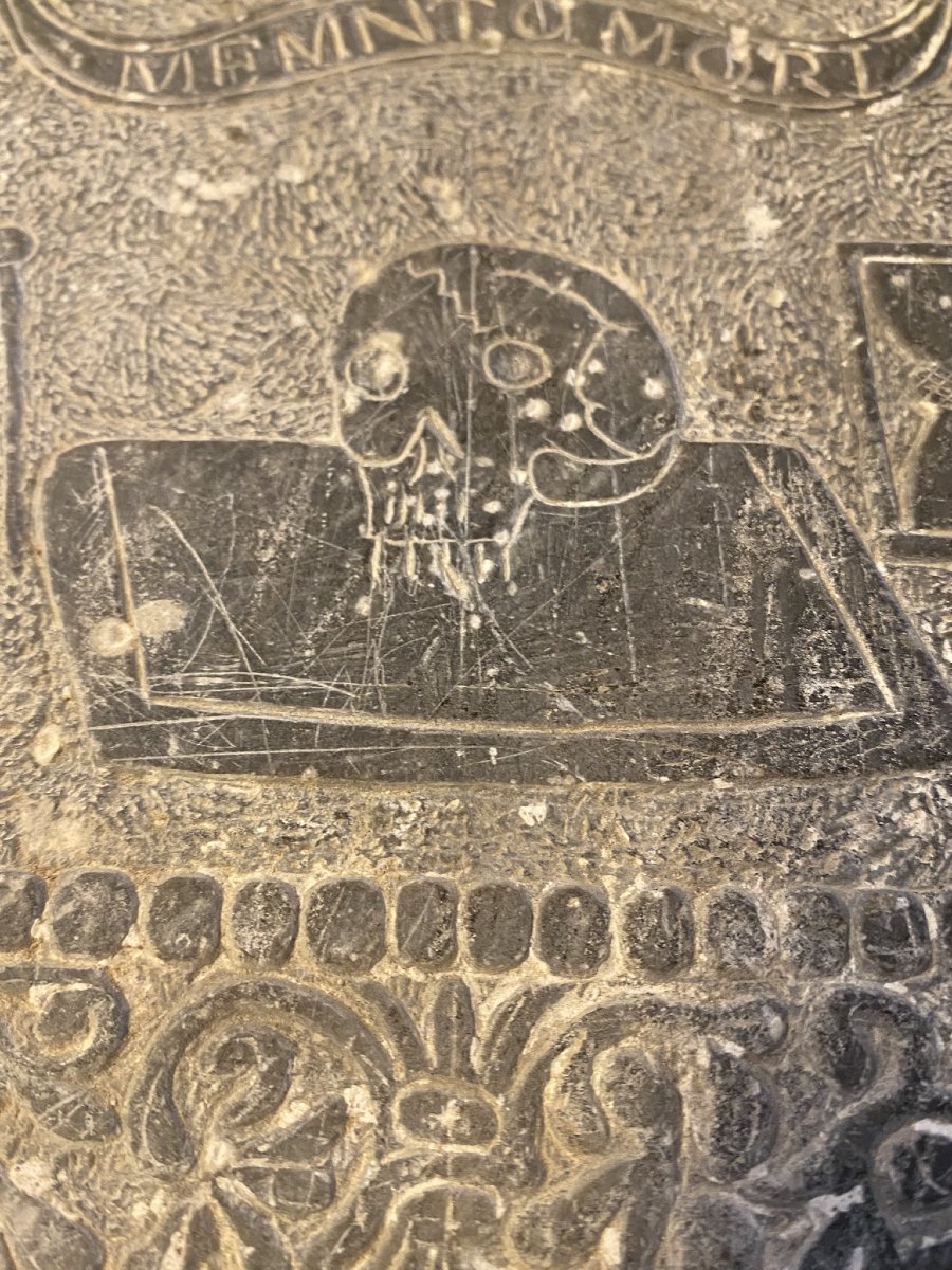 BASSORILIEVO IN ARDESIA CON RAPPRESENTAZIONE DI MEMENTO MORI XVI SEC-photo-3