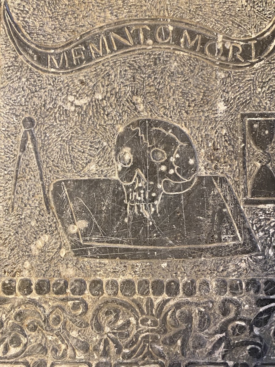 BASSORILIEVO IN ARDESIA CON RAPPRESENTAZIONE DI MEMENTO MORI XVI SEC-photo-3