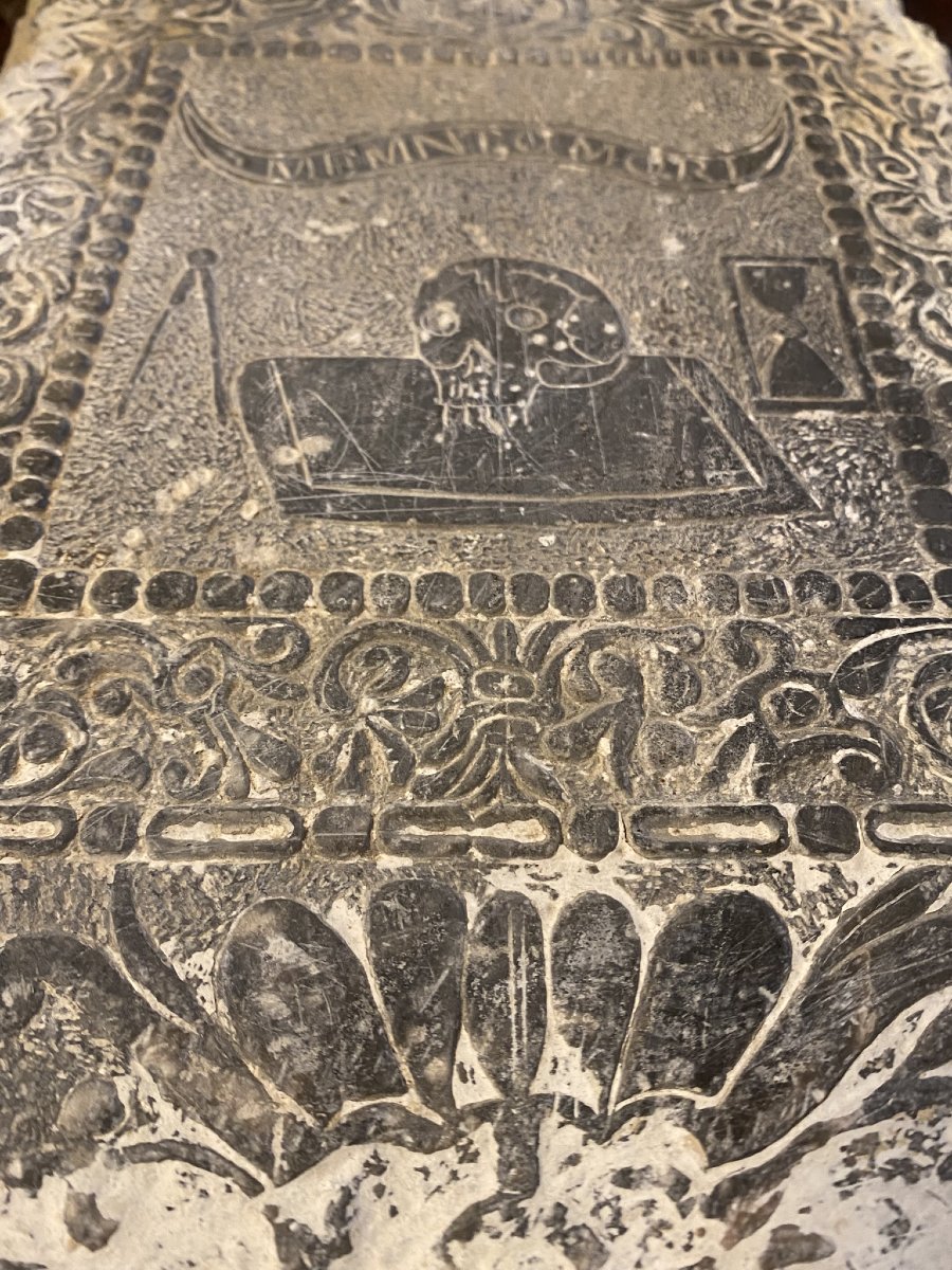 BASSORILIEVO IN ARDESIA CON RAPPRESENTAZIONE DI MEMENTO MORI XVI SEC-photo-4