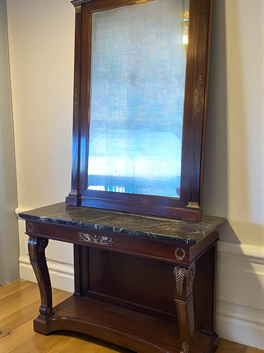 CONSOLLE CON SPECCHIERA IN STILE IMPERO (1880) IN MOGANO CON APPLICAZIONI IN BRONZO 