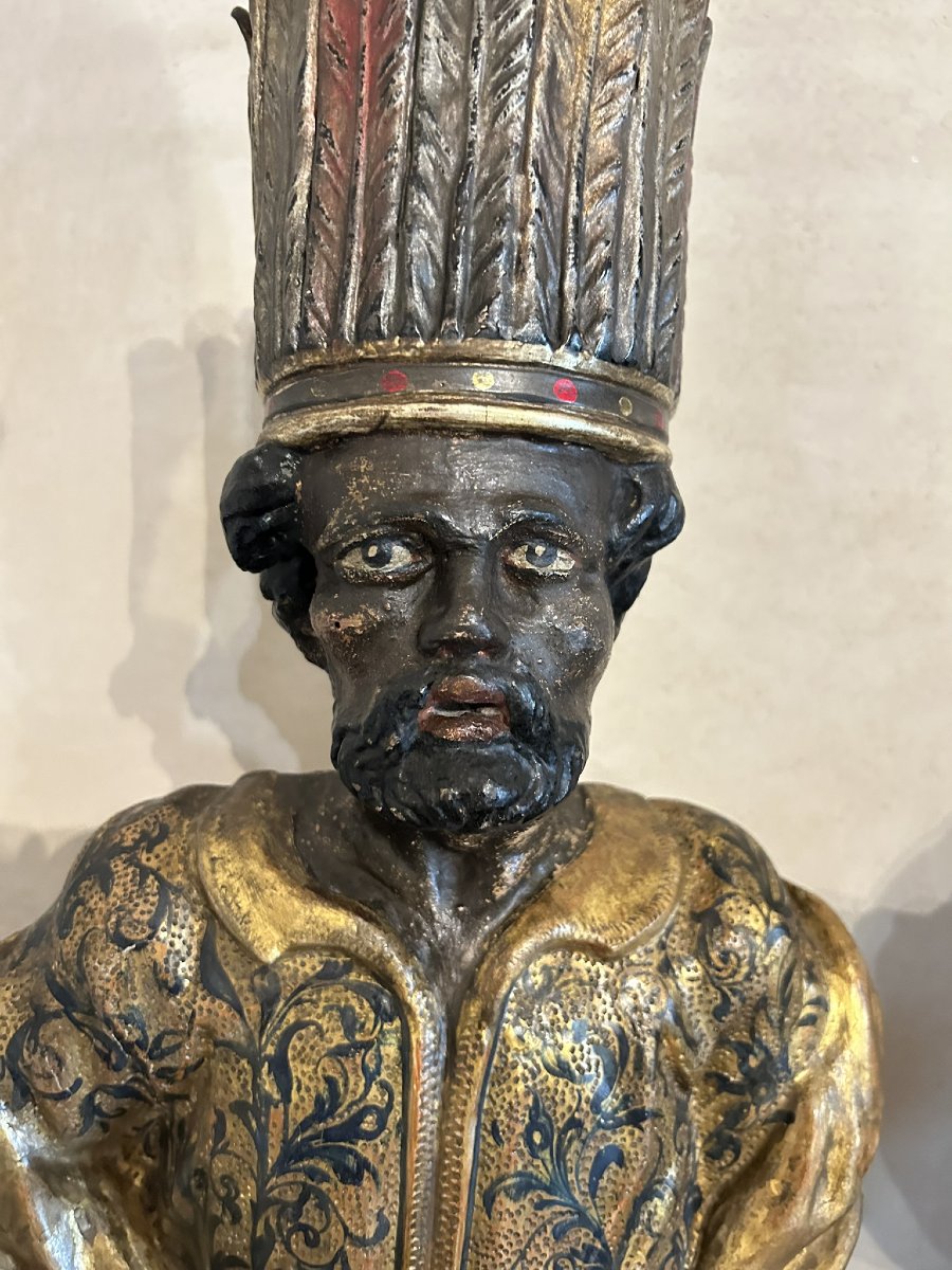 COPPIA DI BUSTI IN LEGNO LACCATO E DORATO RAPPRESENTANTI MORI VENEZIANI XVIII SECOLO-photo-6