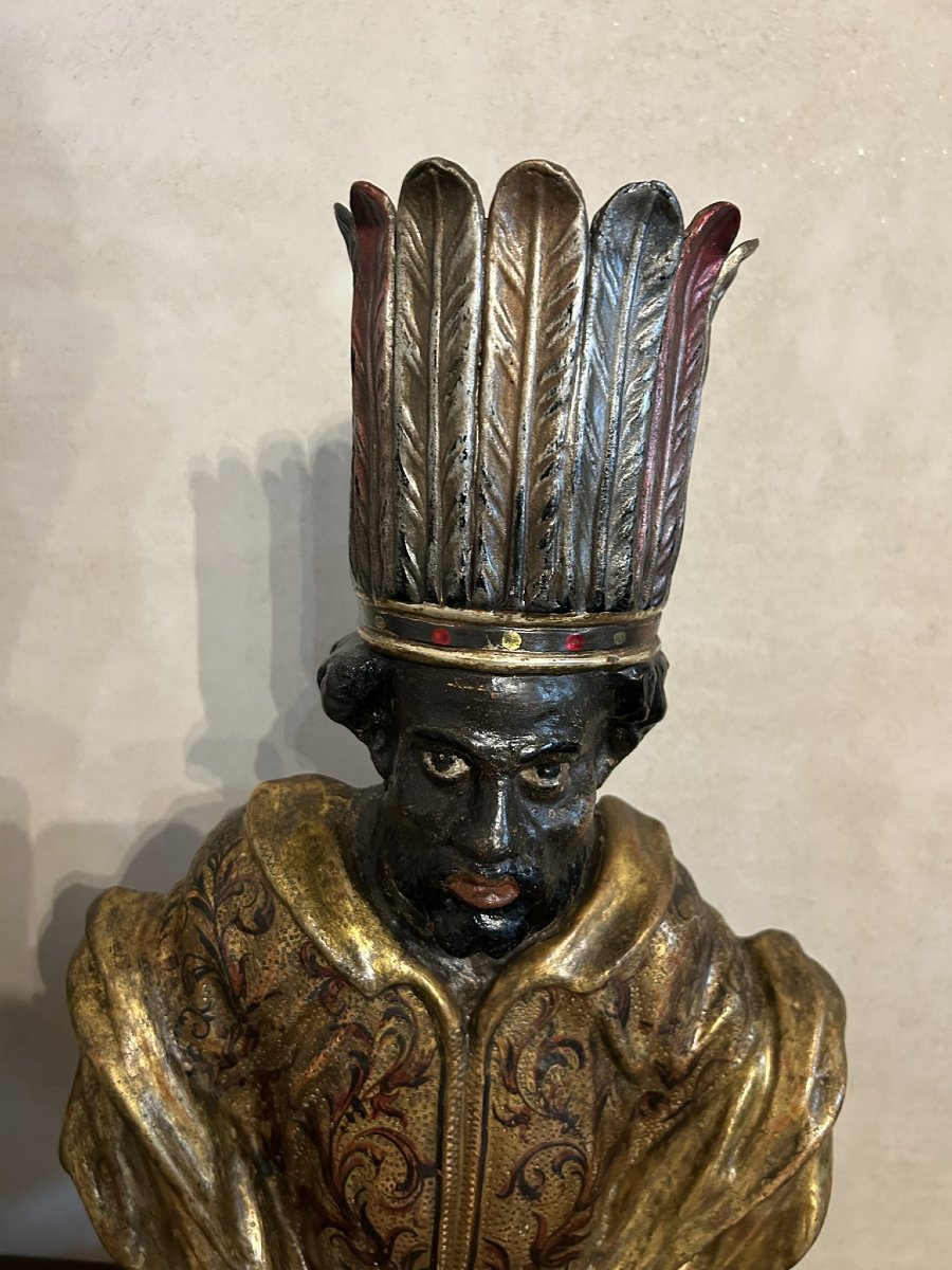 COPPIA DI BUSTI IN LEGNO LACCATO E DORATO RAPPRESENTANTI MORI VENEZIANI XVIII SECOLO-photo-8