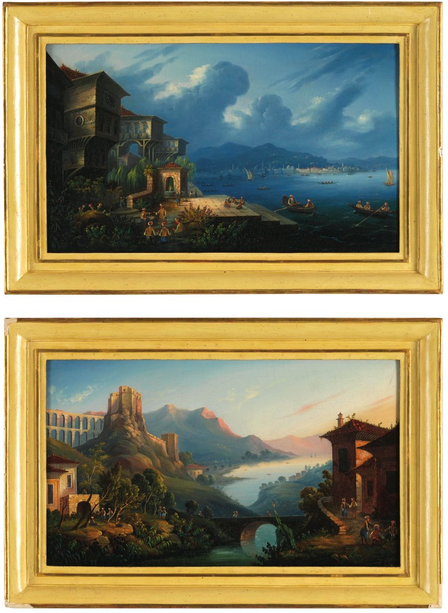 COPPIA DI DIPINTI AD OLIO RAFFIGURANTI VEDUTA DEL BOSFORO XIX SEC-photo-2
