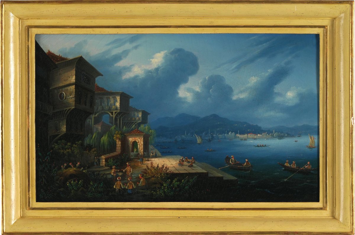 COPPIA DI DIPINTI AD OLIO RAFFIGURANTI VEDUTA DEL BOSFORO XIX SEC-photo-3