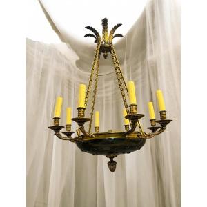 LAMPADARIO IN BRONZO DORATO E COPPA SMALTATA STILE IMPERO
