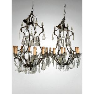 COPPIA DI LAMPADARI IN BRONZO E CRISTALLO CON 8 LUCI