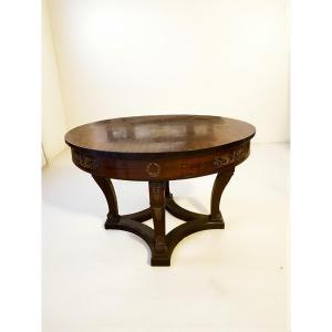 TAVOLO ROTONDO STILE IMPERO IN MOGANO  CON APPLICAZIONI IN BRONZO (1880)