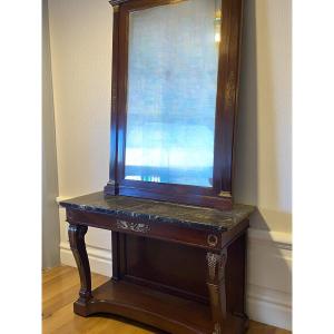 CONSOLLE CON SPECCHIERA IN STILE IMPERO (1880) IN MOGANO CON APPLICAZIONI IN BRONZO 