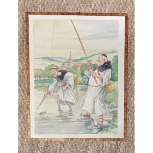 3 Humorous Watercolors By Ecclesiastical Ax Century