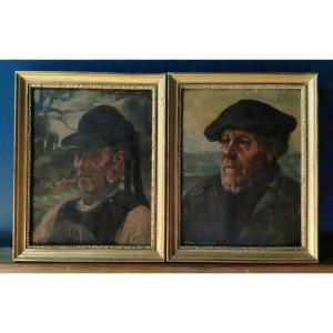 Pair Of Breton Portraits By Leonie Humbert-vignot