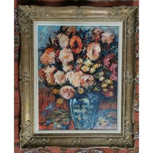 Oil On Paper, Bouquet Of Flowers By Paul Paquereau