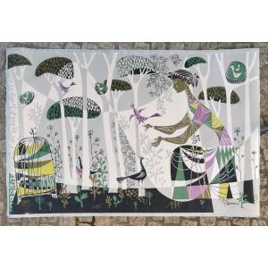 René Fumeron Woman With Birds Acrylic On Paper