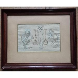 Study Drawing Young Filet Faunes By Alphonse Willette