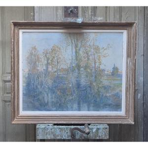 Oil On Canvas Landscape Village Behind The Trees By Franc Lamy
