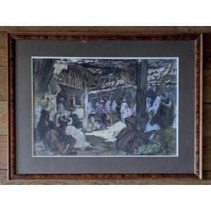Large Orientalist Gouache Souk Scene By Henri Pontoy