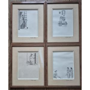 4 Original Drawings By Caricaturist Charles Genty
