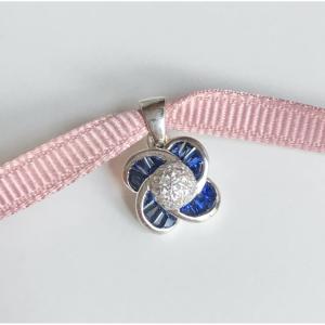 Floral Motif Pendant In 18k White Gold With Sapphires And Diamonds 