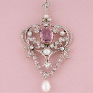 Belle époque Pendant In 18k Yellow Gold And Platinum Set With A Pink Sapphire