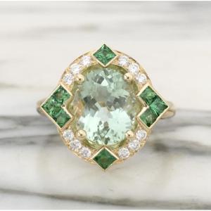 18k Yellow Gold Ring With Green Tourmaline, Diamonds And Tsavorites