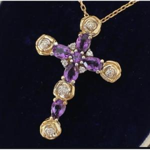 18k Gold Cross With Amethysts And Diamonds