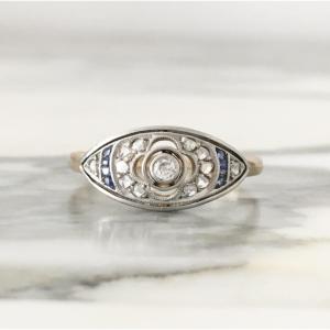 Art-deco Ring In 18k Yellow Gold And Platinum Diamonds