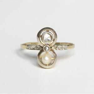 Art-deco Toi Et Moi Ring In 18k Yellow Gold And Platinum Diamonds