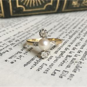 Antique 18k Yellow Gold And Platinum Pearl And Diamond Ring