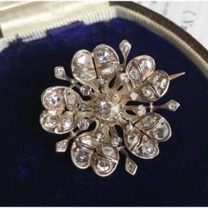 Antique 18k Rose Gold And Silver Flower Brooch With Diamonds