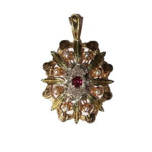 Napoleon III Three Gold Diamond Garnet Brooch Pendant 