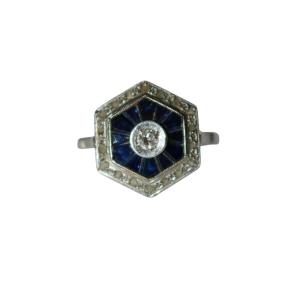 Art Deco Hexagonal Ring With Diamonds And Sapphires