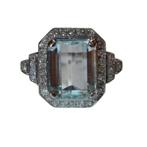 Art Deco White Gold Aquamarine Diamond Ring