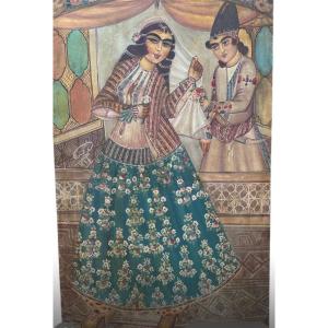 Persian Gallant Scene Painting, Signed Lashkari, Dated 1315 
