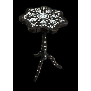 Syrian Tripod Side Table Inlaid With Mother-of-pearl And Bone, Flower-shaped Top.