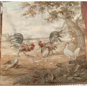Aubusson Tapestry From 19th Century Rooster Fight Scene