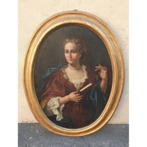 Portrait Of Lady With A Fan, Framed Oval, Eighteenth Century