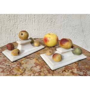Pair Of Marble Paperweight With Fruits, XIXth Century