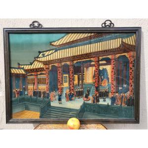 Fixé Sous Verre, Palace Scene In Asia, 20th Century