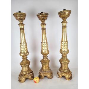 Suite Of 3 Large Candlesticks In Golden Wood, Early 19th Century