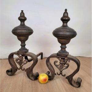Pair Of Andirons In Bronze And Wrought Iron, 19th Century