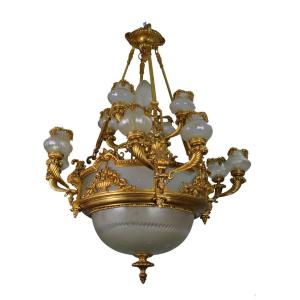 Huge Chandelier In Bronze And Glass, 20th Century