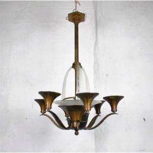 Bronze And Glass Chandelier, Art Deco, 20th Century