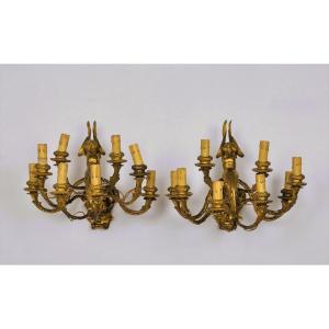 Pair Of Gilt Bronze Wall Lights With Winged Putti, Napoleon III, 19th Century