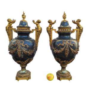 Pair Of Large Bronze And Marble Cassolettes, Napoleon III, 19th Century